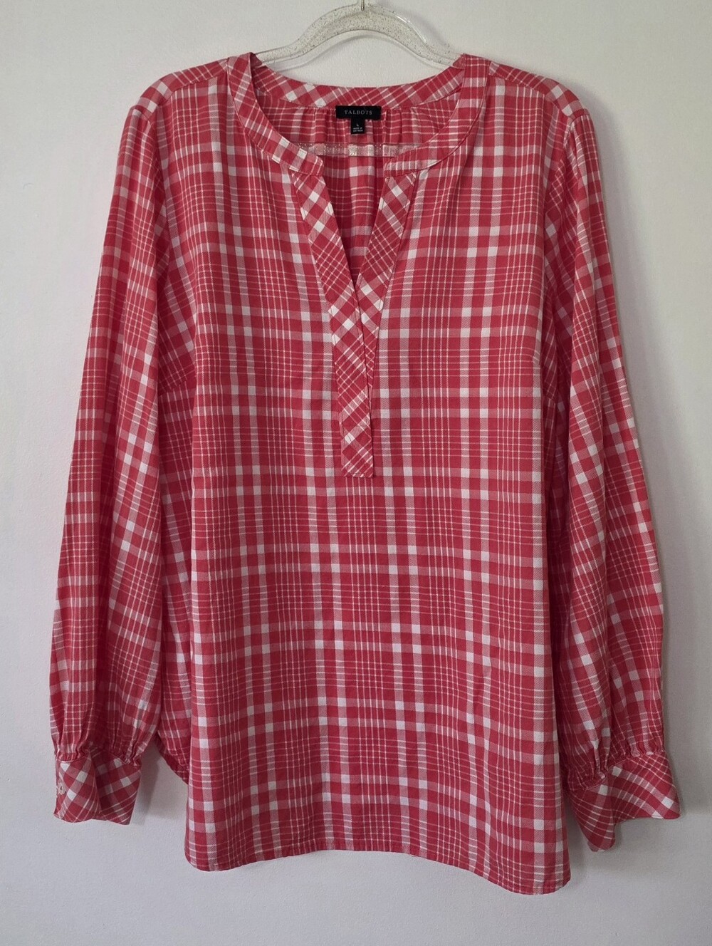 Talbots Deep Coral & White Plaid Popover Blouse New England Preppy Casual Large